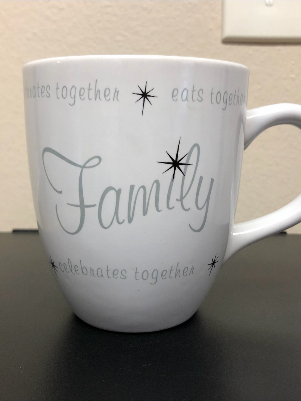 Royal Norfolk White Ceramic Mug with Gray Script and Black Star Accents